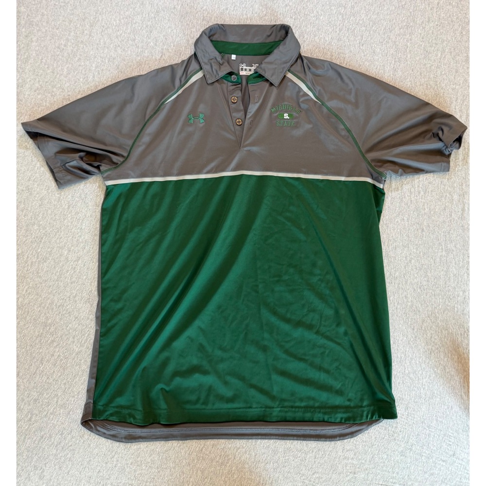 Under Armour Michigan State Spartans HeatGear Polo Shirt Mens XL Grey Green